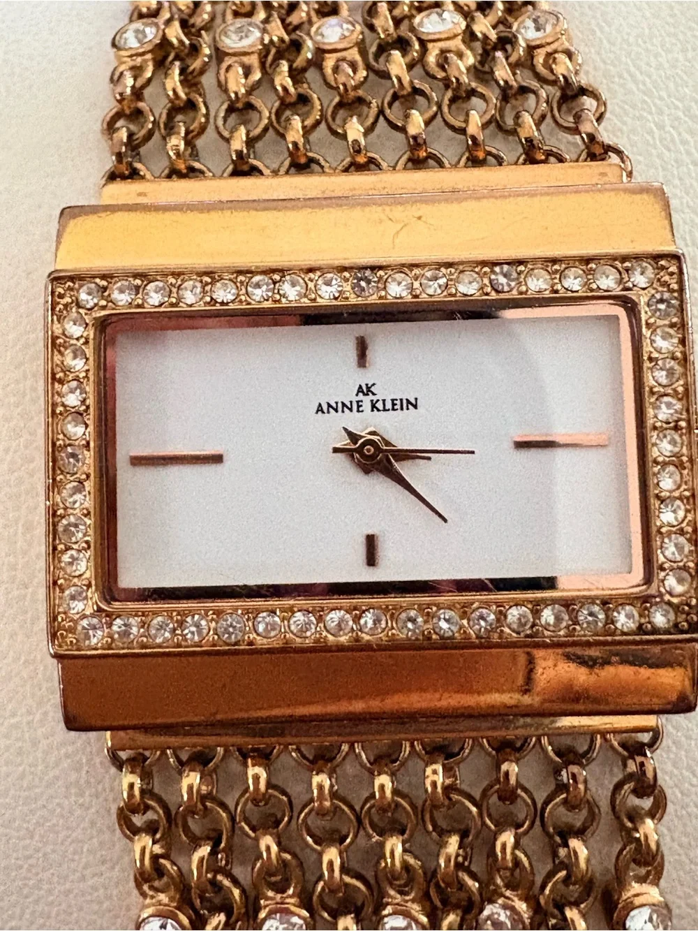 Anne Klein Rose Gold Crystal-Trim Chain Bracelet Watch 7”